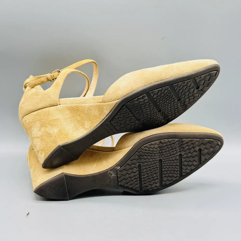 Cole Haan Shoes Womens 9.5 Brown Suede Grand OS Wedge Pumps Ankle Strap Pointed